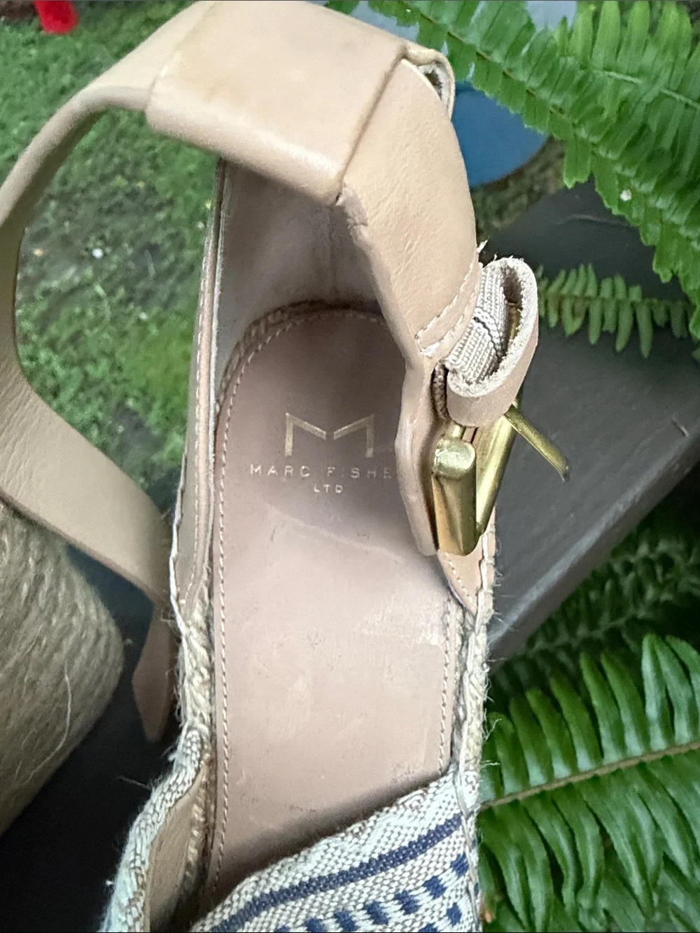 Marc Fisher Beige Leather and Blue Patterned Espadrille Wedges
